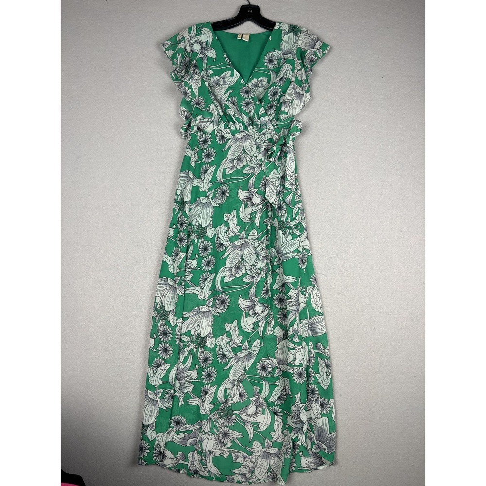 Japna Dress Womens XS Green Floral Wrap‎ Maxi Flutter Sleeve V Neck Lined